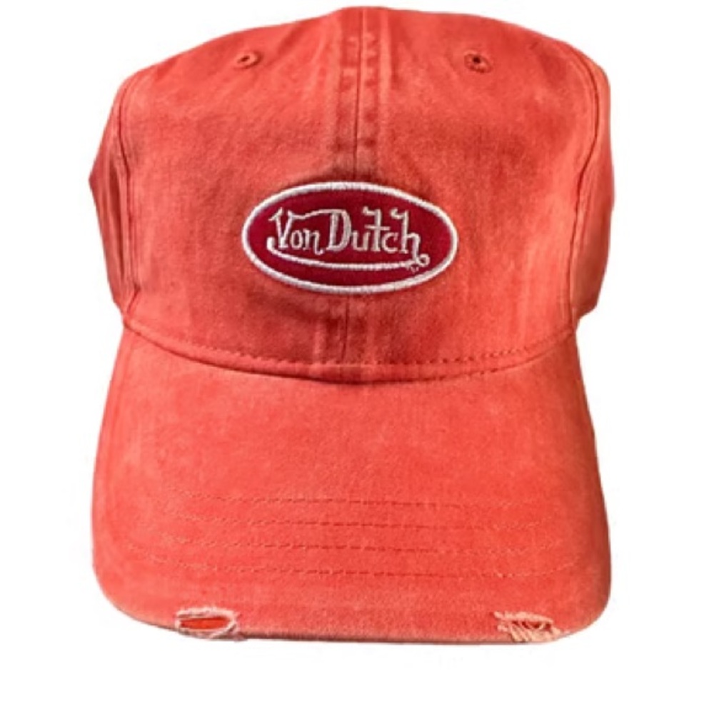 Von Dutch Strapback Hat Washed Orange Distressed Rips Unstructured Dad Cap